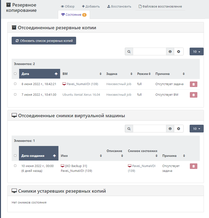 Вид вкладки "Резервное копирование → Состояние"