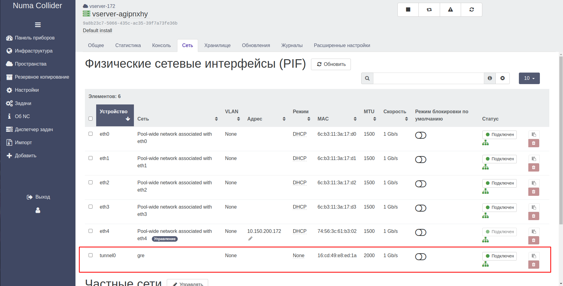 Созданный сетевой интерфейс (tunnel0)